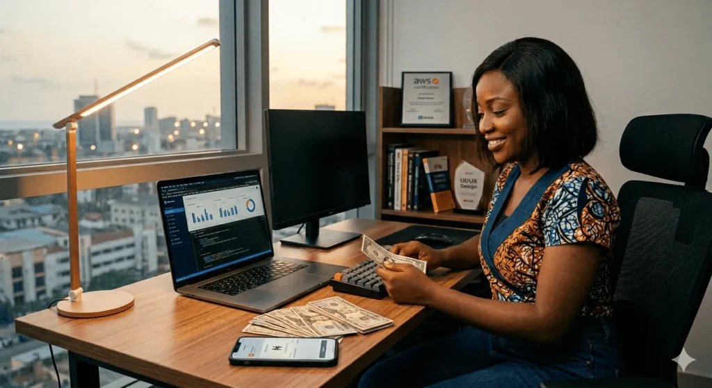 A woman with laptop and stacks of US Dollars high-income Skills for Nigerians