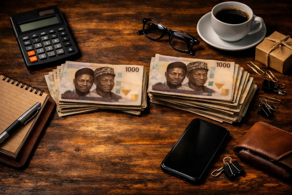 images of naira note, calcuators, pen and note on a wooden table. 10-best-small-business-ideas-in-nigeria-2026