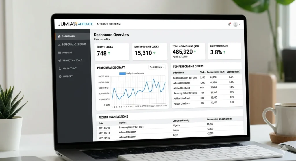 Jumia affiliate dashboard showing clicks and commissions  make Money With Jumia Affiliate