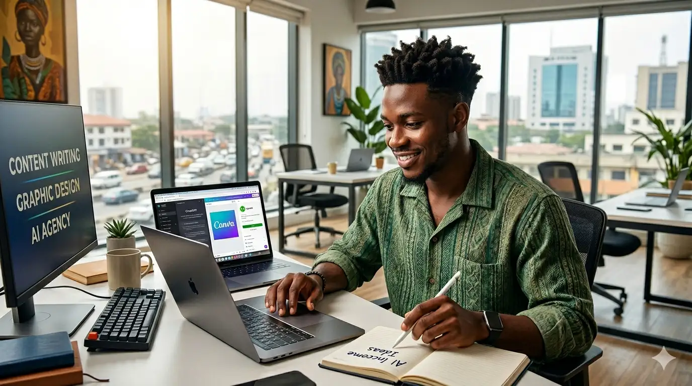 A Nigerian man working with Chatgpt on a laptop, Make Money with ChatGPT & AI Tools in Nigeria