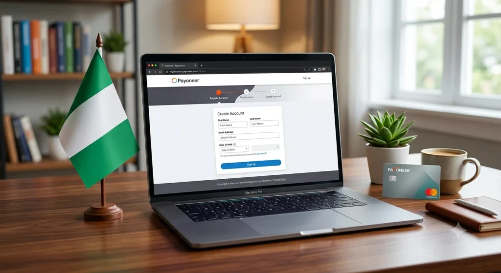 an image of a laptop computer on a table displaying a payoneer signup form, open-a-payoneer-account-in-nigeria
