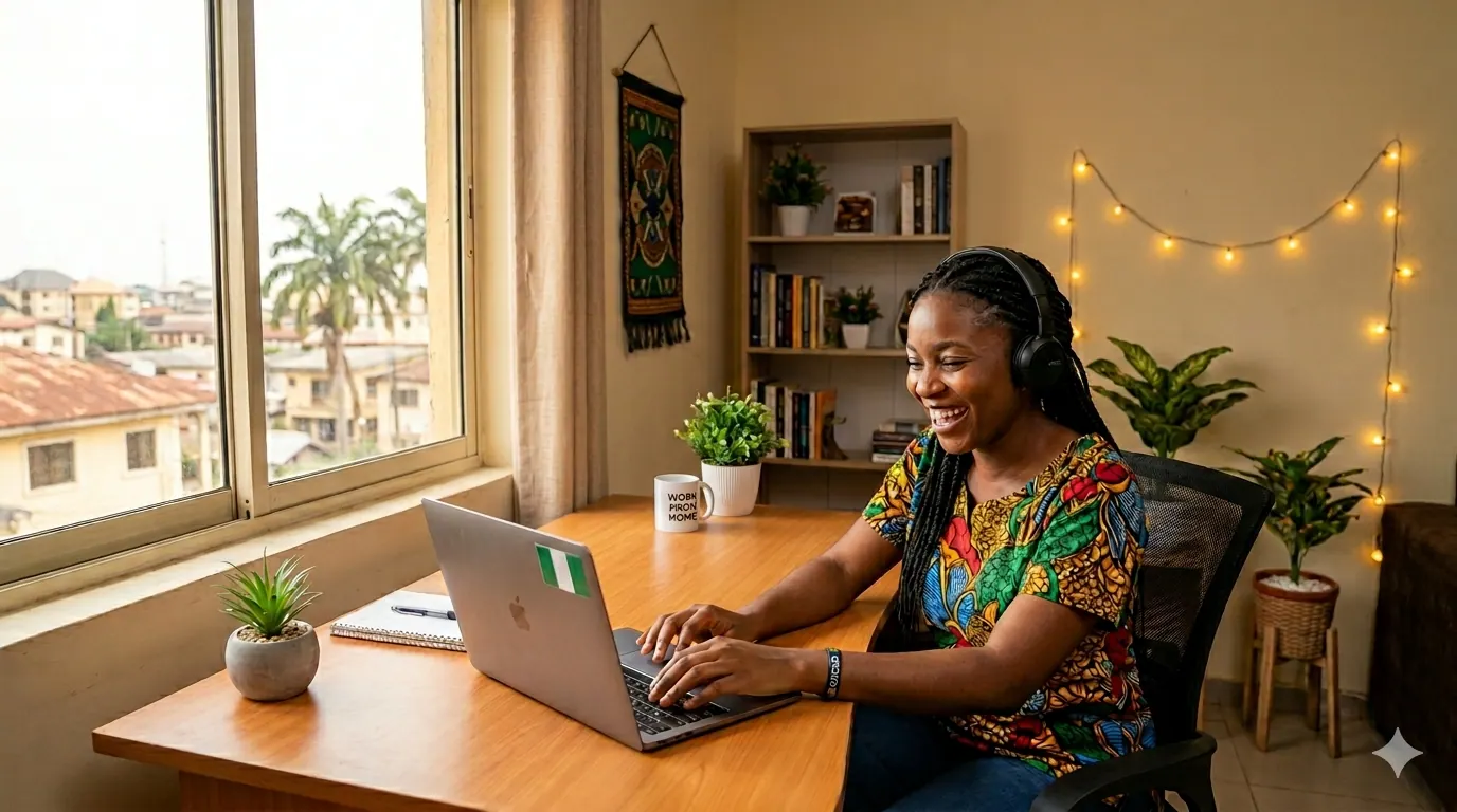 image of a remote working Nigerian lady sitting with her laptop, top 10 remote jobs for nigerians
