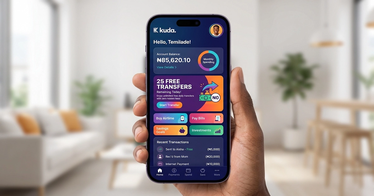 , kuda app displaying zero naira for 25 free transfer, zero-fee banking stack in nigeria