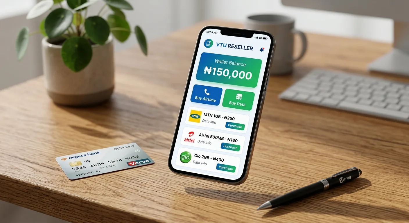 smartphone screen showing a VTU reseller dashboard, recharge card and data reselling business